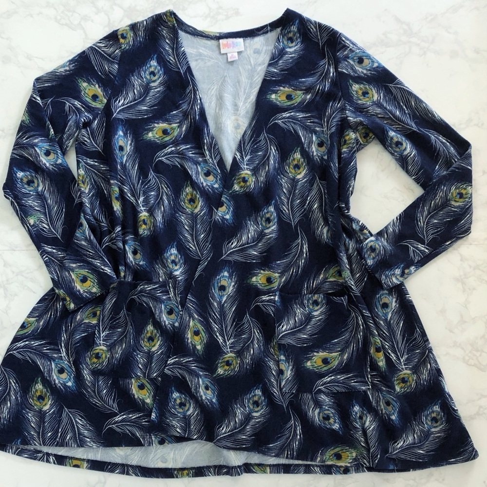 LuLaRoe Medium Caroline Cardigan - Navy Blue Peacock Print